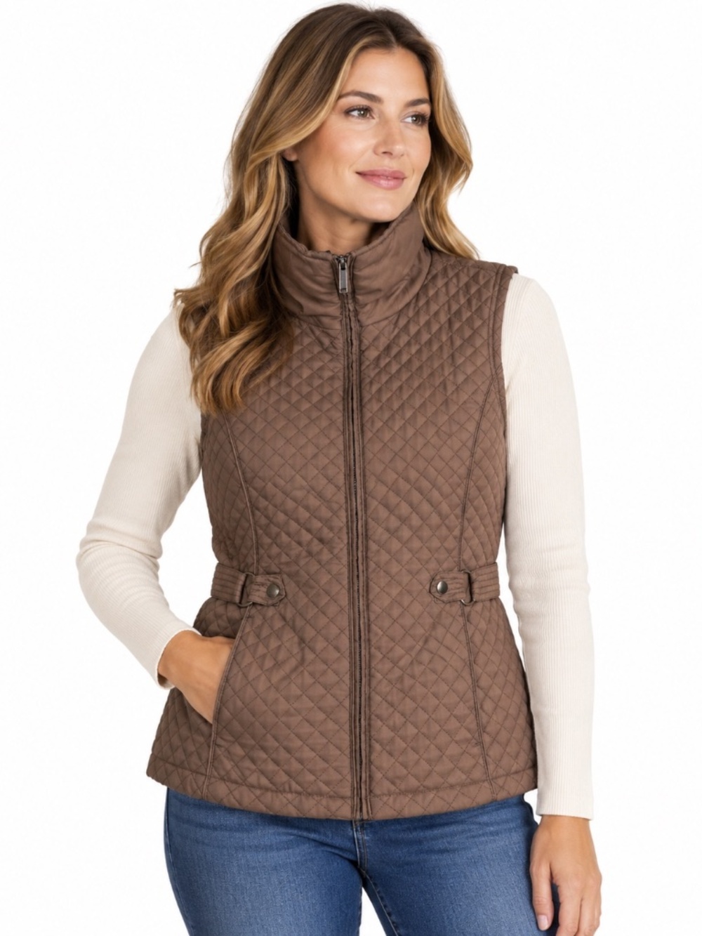 MiFresia Women’s Large Brown Quilted Vest Zip Front Belted High Collar Utility